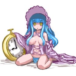 Rule 34 | 1girl, :o, blue hair, blue pubic hair, blush, bonnet, bottomless, breasts, censored, character request, copyright request, corset, cross-laced clothes, dot nose, female focus, full body, hair censor, looking at viewer, lowres, navel, pocket watch, pubic hair, purple corset, purple headwear, shaded face, simple background, sitting, solo, wariza, watch, white background, yellow eyes, yomitim