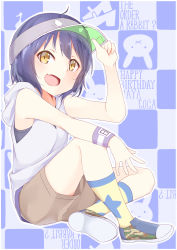 Rule 34 | 1girl, :d, adjusting clothes, adjusting headwear, bad id, bad pixiv id, bare shoulders, blue hair, blush, breasts, brown shorts, camouflage footwear, checkered background, commentary request, copyright name, fang, full body, gochuumon wa usagi desu ka?, hetareeji, highres, hood, hoodie, indian style, jouga maya, looking at viewer, open mouth, outline, print footwear, short hair, short shorts, shorts, sitting, sleeveless, sleeveless hoodie, small breasts, smile, socks, solo, star (symbol), star print, sweatband, two-tone background, visor cap, white hoodie, white outline, wild geese, yellow eyes