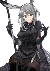 Rule 34 | 1girl, :d, animal ears, arknights, belt, black cape, black footwear, black gloves, black pantyhose, black shirt, boots, cape, commentary, cowboy shot, gloves, grey eyes, hands up, highres, holding, holding weapon, id card, long hair, looking at viewer, open mouth, pantyhose, rabbit ears, revision, savage (arknights), sentou kouhei kitsune, shirt, simple background, sitting, sleeveless, sleeveless shirt, smile, solo, teeth, thigh boots, thighhighs, thighhighs under boots, two side up, upper teeth only, weapon, white background, white hair
