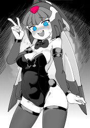 Rule 34 | 1girl, absurdres, bare shoulders, blue eyes, blush, breasts, breath, buzzlyears, cleavage, cowboy shot, detached sleeves, fairy leviathan (mega man), forehead jewel, helmet, highres, leotard, looking at viewer, medium breasts, mega man (series), mega man zero (series), monochrome, open mouth, skindentation, solo, spot color, thighhighs, upper body