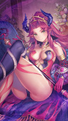 Rule 34 | 1girl, absurdres, anbe yoshirou, angela (seiken densetsu 3), bare shoulders, black thighhighs, blush, bouquet, breasts, cleavage, closed mouth, collar, crossed legs, detached sleeves, elf, feet out of frame, flower, forehead, gloves, gold trim, green eyes, heart, heart-shaped pupils, highres, holding, holding scepter, horns, indoors, leotard, long hair, long sleeves, looking at viewer, medium breasts, parted bangs, pink gloves, pointy ears, ponytail, puffy long sleeves, puffy sleeves, red hair, rose, scepter, seiken densetsu, seiken densetsu 3, sidelocks, single thighhigh, sitting, smile, solo, strapless, strapless leotard, symbol-shaped pupils, thighhighs, thighs, thorns, tiara, two-tone leotard