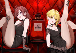 Rule 34 | 2girls, ass, black choker, black dress, blonde hair, bottle, breasts, brooch, brown hair, chanel, choker, cleavage, dress, gloves, half updo, highres, ichinose shiki, idolmaster, idolmaster cinderella girls, jewelry, lace, lace-trimmed gloves, lace trim, lazy lazy (idolmaster), legs up, looking at viewer, maou (demonlord), medium breasts, miyamoto frederica, multiple girls, perfume (cosmetics), perfume bottle, see-through, see-through cleavage, see-through dress, see-through gloves, smile