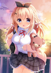 Rule 34 | 1girl, :d, ahoge, black ribbon, blonde hair, blue eyes, blush, bow, braid, breasts, brown cardigan, cardigan, cleavage, cloud, cloudy sky, collared shirt, commentary request, dress shirt, grey skirt, hair between eyes, hair bow, hair ornament, hair ribbon, hairclip, highres, long hair, long sleeves, looking at viewer, medium breasts, moe2019, neck ribbon, hugging object, open cardigan, open clothes, open mouth, original, outdoors, plaid, plaid skirt, pleated skirt, railing, red ribbon, ribbon, shirt, skirt, sky, sleeves past wrists, smile, solo, stuffed animal, stuffed toy, sunset, teddy bear, umeko machi, white bow, white shirt, x hair ornament