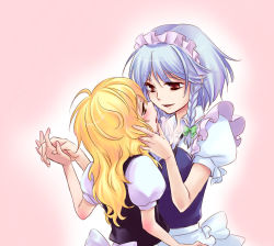 Rule 34 | 2girls, blonde hair, blush, breath, eye contact, female focus, hand on another&#039;s face, height difference, holding hands, izayoi sakuya, kirisame marisa, kiss, light purple hair, long hair, looking at another, maid, matilda (matildax), multiple girls, naughty face, ribbon, saliva, short hair, simple background, touhou, upper body, yuri