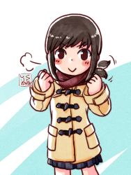 Rule 34 | 1girl, :&gt;, alternate costume, artist logo, beige coat, black eyes, black hair, black skirt, blush stickers, brown scarf, clenched hands, coat, commentary request, fubuki (kancolle), kantai collection, kutone shirika, long hair, looking at viewer, low ponytail, pleated skirt, ponytail, scarf, short ponytail, sidelocks, skirt, solo