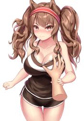 Rule 34 | 1girl, absurdres, angelina (arknights), animal ears, arknights, bare arms, bare shoulders, black shorts, blush, grabbing another&#039;s breast, breasts, brown eyes, brown hair, camisole, cleavage, commentary request, cowboy shot, disembodied hand, dolphin shorts, fox ears, grabbing, hairband, highres, large breasts, long hair, looking at viewer, nose blush, partial commentary, red hairband, rommeling, short shorts, shorts, sidelocks, simple background, solo focus, spaghetti strap, standing, thighs, twintails, white background
