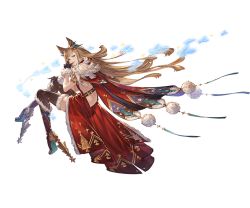 Rule 34 | 1girl, animal ears, black thighhighs, blonde hair, boots, brown eyes, cape, dress, erune, full body, fur trim, gloves, granblue fantasy, hair ornament, high heel boots, high heels, knee boots, long hair, looking at viewer, looking back, metera (granblue fantasy), minaba hideo, official art, pom pom (clothes), red dress, short dress, sleeveless, smile, solo, thighhighs, transparent background, zettai ryouiki