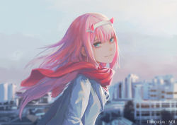 Rule 34 | 10s, 1girl, aoi (g42gyyqi), blue eyes, character name, darling in the franxx, floating hair, hairband, highres, jacket, long hair, looking at viewer, pink hair, red shirt, shirt, smile, solo, upper body, white hairband, white jacket, zero two (darling in the franxx)