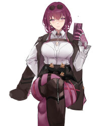 Rule 34 | 1girl, absurdres, black footwear, black jacket, black shorts, boots, cellphone, commentary, crossed legs, eyewear on head, feet out of frame, gloves, hand up, highres, holding, holding phone, honkai: star rail, honkai (series), jacket, kafka (honkai: star rail), long hair, long sleeves, looking at viewer, pantyhose, phone, purple eyes, purple gloves, purple hair, purple pantyhose, shirt, short shorts, shorts, simple background, sitting, smartphone, smile, smurtz, solo, sunglasses, thighs, white background, white shirt