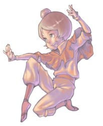 Rule 34 | 1girl, avatar: the last airbender, avatar legends, bad source, blush, brown eyes, brown hair, capelet, conoghi, fang, hair bun, jinora, kneeling, long hair, long sleeves, nickelodeon, on one knee, open mouth, pants, red capelet, red socks, shirt, smile, socks, solo, teeth, the legend of korra, white background, yellow pants, yellow shirt