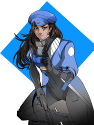 Rule 34 | 1girl, aged down, ana (overwatch), beret, black gloves, blue coat, brown eyes, brown hair, captain amari, coat, cowboy shot, dark-skinned female, dark skin, eyepatch, facial mark, facial tattoo, gloves, hat, highres, index finger raised, long hair, looking at viewer, military, military hat, military uniform, official alternate costume, overcoat, overwatch, overwatch 1, simple background, smile, solo, square, tattoo, uniform, weapon, white background, xiaozhan