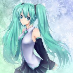 Rule 34 | 1girl, bad id, bad pixiv id, colorized, detached sleeves, fork (planetarium), green eyes, green hair, hatsune miku, hinase kanoto, long hair, matching hair/eyes, necktie, open mouth, skirt, solo, twintails, vocaloid