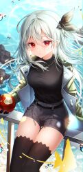 Rule 34 | 1girl, :t, absurdres, angelfish, apple, arknights, bitten apple, black ribbon, black shirt, black thighhighs, closed mouth, commentary, english commentary, feet out of frame, fish, food, food bite, fruit, green jacket, grey hair, grey shorts, highres, holding, holding food, holding fruit, jacket, jewelry, liretta, long hair, long sleeves, looking at viewer, necklace, official alternate costume, on railing, open clothes, open jacket, outdoors, railing, red apple, red eyes, ribbon, rock, shirt, shorts, sitting, skadi (arknights), skadi (the next afternoon tea) (arknights), solo, thighhighs, turtleneck, very long hair, water