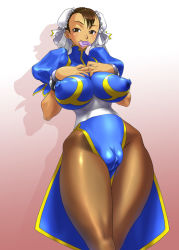 Rule 34 | 1girl, bad id, bad pixiv id, breast suppress, breasts, brown eyes, brown hair, bun cover, cameltoe, capcom, china dress, chinese clothes, chun-li, condom, condom in mouth, cosine, covered erect nipples, double bun, dress, hip focus, huge breasts, mouth hold, pantyhose, pelvic curtain, solo, street fighter, wide hips