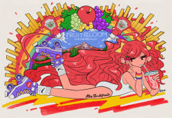 Rule 34 | 1girl, absurdly long hair, apple, bad id, bad tumblr id, blue sky, cherry hair ornament, cloud, cloudy sky, coca-cola, drinking straw, earrings, english text, food, food-themed hair ornament, french fries, fruit, grapes, hair ornament, jenny kaori, jewelry, ketchup bottle, leaf, leotard, long hair, mountain, no nose, original, purple footwear, rainbow, red hair, roller skates, skates, sky, solo, very long hair, white leotard