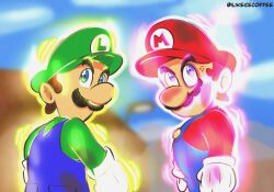 Rule 34 | 2boys, angry, blue eyes, brothers, brown hair, facial hair, gloves, hat, highres, ilikeicecoffee, looking back, luigi, male focus, mario, mario (series), multiple boys, mustache, nintendo, overalls, power-up, serious, siblings, standing, super star (mario), the super mario bros. movie
