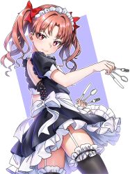 Rule 34 | 1girl, absurdres, backless dress, backless outfit, between fingers, black thighhighs, bow, bright pupils, brown eyes, brown hair, cross-laced clothes, dress, ebora, fork, frills, from behind, garter straps, hair ribbon, highres, holding, holding fork, holding knife, holding spoon, knife, looking at viewer, maid, maid headdress, needle, puffy short sleeves, puffy sleeves, ribbon, shirai kuroko, short sleeves, short twintails, simple background, skirt, smile, solo, spoon, thighhighs, thighs, throwing needles, toaru kagaku no railgun, toaru majutsu no index, twintails, white background, white pupils