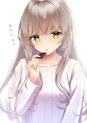 Rule 34 | 1girl, blush, breasts, brown hair, chocolate, commentary request, eating, food, green eyes, hand up, highres, holding, holding chocolate, holding food, long hair, long sleeves, looking at viewer, original, parted lips, ribbed sweater, simple background, solo, sweater, translation request, upper body, white background, white sweater, yayoi (yay0ee)