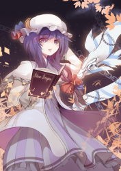 Rule 34 | 1girl, animal ears, book, capelet, crescent, dress, female focus, hat, long hair, looking at viewer, open book, patchouli knowledge, purple eyes, purple hair, rain lan, solo, striped clothes, striped dress, touhou, vertical stripes