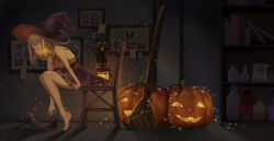 Rule 34 | 1girl, barefoot, breasts, broom, bug, butterfly, cat, catzz, closed mouth, commentary request, dress, earrings, closed eyes, feet, from side, halloween, hat, high heels, highres, insect, jack-o&#039;-lantern, jewelry, original, pumpkin, shoes, unworn shoes, sitting, solo, strappy heels, toes, witch hat