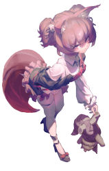 Rule 34 | 1girl, :t, absurdres, animal ears, arknights, black footwear, bow, collared shirt, commentary, footwear bow, fox ears, fox tail, frilled skirt, frills, full body, hair ornament, high heels, highres, holding, holding stuffed toy, leaning forward, looking at viewer, neg (101neg), pantyhose, pink eyes, pink hair, pout, red bow, shamare (arknights), shirt, shoes, short hair, simple background, skindentation, skirt, skull hair ornament, solo, standing, stuffed toy, symbol-shaped pupils, tail, thigh strap, twintails, white background, white pantyhose, white shirt