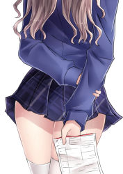 Rule 34 | 1girl, arms behind back, ass, blue sweater, brown hair, from behind, highres, holding, holding paper, long hair, neit ni sei, original, paper, plaid, plaid skirt, sketch, skirt, solo, standing, sweater, thighhighs, unmoving pattern, white background, white thighhighs, zettai ryouiki