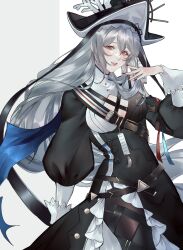 Rule 34 | 1girl, arknights, arm strap, asymmetrical sleeves, belt, belt buckle, black belt, black dress, black hat, black nails, black pantyhose, blue ribbon, breasts, breasts apart, buckle, buttons, chest strap, cleavage cutout, clothing cutout, commentary, contrapposto, covered navel, cowboy shot, criss-cross straps, crossed belts, detached sleeves, double-parted bangs, dress, eyelashes, fingernails, floating hair, frilled dress, frills, grey background, grey hair, grin, groin, hair between eyes, hair flowing over, hand to own mouth, hand up, hat, hat ornament, high collar, highres, juliet sleeves, lapels, leather belt, lips, long hair, long sleeves, looking at viewer, medium breasts, multicolored clothes, multicolored dress, multiple belts, multiple thigh straps, nail polish, official alternate costume, outstretched hand, pale skin, pantyhose, parted lips, peaked lapels, pelvic curtain, puffy sleeves, realistic, red eyes, red ribbon, ribbon, shade, shiny clothes, shiny legwear, shoulder belt, sidelocks, siiii 0s, simple background, single bare shoulder, single detached sleeve, sleeve cuffs, smile, solo, specter (arknights), specter the unchained (arknights), spread fingers, standing, straight hair, strap, striped belt, striped clothes, striped dress, teeth, thigh strap, thighs, tight clothes, torn ribbon, turtleneck, turtleneck dress, two-tone background, two-tone dress, vertical-striped clothes, vertical-striped dress, very long hair, white background