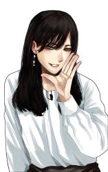 Rule 34 | 1girl, black hair, blouse, earrings, highres, hoshi san 3, jewelry, long hair, long sleeves, looking at viewer, mole, mole under eye, original, shirt, simple background, smile, solo, upper body, white background, white shirt