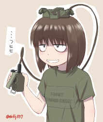 Rule 34 | 1girl, brown background, brown hair, claymore (mine), commentary, ebifly, explosive, freckles, green shirt, grin, holding, medium hair, mine (weapon), original, outline, personification, sanpaku, shirt, short sleeves, smile, solo, too literal, translated, twitter username, upper body