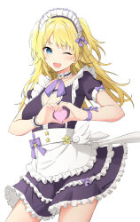 Rule 34 | 1girl, absurdres, alternate costume, alternate hairstyle, apron, black dress, blonde hair, blue eyes, blush, cleavage cutout, clothing cutout, commentary request, cowboy shot, dress, frilled dress, frills, hachimiya meguru, heart, heart cutout, heart hands, highres, idolmaster, idolmaster shiny colors, long hair, looking at viewer, maid, maid apron, maid headdress, one eye closed, open mouth, puffy short sleeves, puffy sleeves, short sleeves, simple background, smile, solo, tennen inari, two side up, waist apron, white background