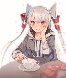 Rule 34 | 1girl, amatsukaze (kancolle), box, brown eyes, casual, collarbone, cup, gift, gift box, grey hair, hair between eyes, hair tubes, highres, hood, hooded jacket, jacket, kantai collection, kasumi (skchkko), long hair, long sleeves, looking at viewer, official alternate costume, open mouth, petals, sitting, solo, table, teacup, two side up, white background