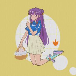 Rule 34 | 1girl, basket, bell, blue shirt, blue socks, double bun, duck print, eating, food, full body, hair bell, hair bun, hair ornament, highres, holding, holding basket, holding food, jingle bell, long hair, looking at viewer, pleated skirt, print shirt, purple footwear, purple hair, ranma 1/2, shampoo (ranma 1/2), shirt, sidelocks, skirt, socks, solo, yellow background, yellow skirt, yuri01140527