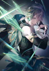 Rule 34 | 1boy, ahoge, alhaitham (genshin impact), arm up, artist name, bare shoulders, black gloves, black shirt, cable, cape, commentary request, crystal, elbow gloves, eyelashes, genshin impact, gloves, gold trim, green cape, green eyes, grey background, grey hair, hair over one eye, hand up, highres, holding, holding sword, holding weapon, lens flare, looking at viewer, looking to the side, male focus, manomenou, one eye covered, parted bangs, parted lips, partially fingerless gloves, shirt, short hair, sidelocks, simple background, slashing, sleeveless, sleeveless shirt, solo, swept bangs, sword, twitter username, watermark, weapon