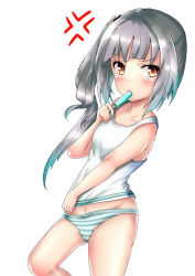 Rule 34 | 1girl, blush, breasts, eating, food, grey hair, highres, himura moritaka, ice cream, kantai collection, kasumi (kancolle), long hair, looking at viewer, no pants, panties, popsicle, shirt, side ponytail, simple background, small breasts, striped clothes, striped panties, tank top, thighs, underwear, underwear only, white background, white shirt
