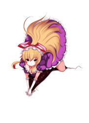 Rule 34 | 1girl, all fours, blonde hair, breasts, brown eyes, cleavage, elbow gloves, female focus, gap (touhou), gloves, hat, large breasts, long hair, simple background, solo, tetsubuta, touhou, white gloves, yakumo yukari