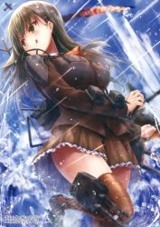 Rule 34 | 10s, 1girl, :q, absurdres, brown hair, brown skirt, from below, green eyes, gun, hair ornament, highres, jewelry, kantai collection, long hair, pleated skirt, ring, skirt, solo, suien, suzuya (kancolle), thighhighs, tongue, tongue out, water, weapon, wedding band, zettai ryouiki