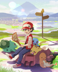 Rule 34 | 1boy, artist name, backpack, bag, black shirt, brown eyes, bulbasaur, charmander, cocoloco, commentary request, creatures (company), dated, day, game freak, gen 1 pokemon, hat, holding, holding map, jacket, male focus, map, mountain, nintendo, open clothes, open jacket, open mouth, outdoors, pants, pidgey, pikachu, pokemon, pokemon (creature), pokemon rgby, red (pokemon), red headwear, red jacket, rock, shirt, shoes, sign, sitting, squirtle, starter pokemon trio, unworn backpack, unworn bag