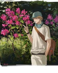 Rule 34 | 1boy, absurdres, alternate costume, bag, blonde hair, bush, casual, chainsaw man, denji (chainsaw man), flower, food, hand in pocket, hat, headphones, headphones around neck, highres, charm (object), leaf, looking back, null (skev7724), pants, pink flower, pochita (chainsaw man), popsicle, shirt, shirt tucked in, short hair, solo, standing, tree, v, white pants, white shirt