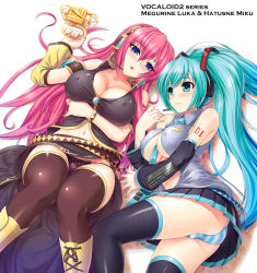 Rule 34 | 2girls, between breasts, boots, breasts, character name, cleavage, covered erect nipples, green nails, hatsune miku, kawase seiki, knee boots, legs, long hair, looking at viewer, lying, megurine luka, multiple girls, nail polish, open mouth, panties, pleated skirt, purple nails, simple background, skirt, striped clothes, striped panties, thigh boots, thighhighs, twintails, typo, underboob, underwear, very long hair, vocaloid, white background, zettai ryouiki