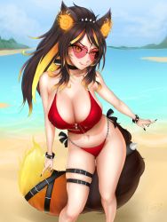 Rule 34 | 1girl, :p, animal ear fluff, animal ears, beach, bikini, black nails, breasts, brown hair, cleavage, commentary, ear piercing, english commentary, flame-tipped tail, glasses, halterneck, heart, heart-shaped eyewear, highres, indie virtual youtuber, jes over, large breasts, long hair, looking at viewer, multicolored hair, nail polish, navel, orange eyes, orange hair, piercing, ponytail, red bikini, red sweater, sand, side-tie bikini bottom, sinder (vtuber), streaked hair, sweater, swimsuit, tail, thigh strap, tongue, tongue out, virtual youtuber, water, wolf ears, wolf girl, wolf tail, yellow eyes