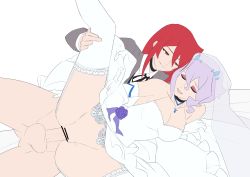 Rule 34 | 1futa, 1girl, arikindows10, bed, bed sheet, blush, breasts, chariot du nord, choker, closed eyes, croix meridies, dress, formal, futa with female, futanari, grabbing sheets, green eyes, highres, holding leg, little witch academia, looking at viewer, open mouth, purple hair, red eyes, red hair, sex, sex from behind, spooning, suit, tagme, testicles, unfinished, ursula callistis, vaginal, wedding dress