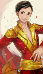 Rule 34 | 10s, 1boy, brown hair, confetti, cowboy shot, looking at viewer, male focus, matsurika youko, phichit chulanont, sash, smile, solo, sparkle, standing, yuri!!! on ice