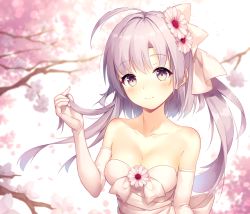 Rule 34 | 1girl, arm up, bad id, bad pixiv id, bare shoulders, blush, branch, breasts, cherry blossoms, cleavage, collarbone, dress, elbow gloves, floral background, flower, gloves, hair flower, hair ornament, hair ribbon, hand in own hair, highres, kyouou ena, light purple hair, long hair, looking at viewer, medium breasts, momoiro taisen pairon, petals, pink flower, pink ribbon, purple eyes, ribbon, smile, solo, strapless, strapless dress, tree, twintails, upper body, white dress, white gloves