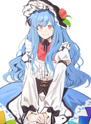 Rule 34 | 1girl, adapted costume, apron, black bow, black hat, blue hair, blue skirt, bow, bowtie, buttons, center frills, collared shirt, corset, cowboy shot, frilled apron, frilled bow, frilled hat, frilled skirt, frills, hat, highres, hinanawi tenshi, leaf hat ornament, lips, long hair, long sleeves, looking ahead, own hands together, peach hat ornament, puffy sleeves, rainbow gradient, red bow, red bowtie, red eyes, sarukana, shirt, simple background, skirt, sleeve bow, sleeve garter, smile, solo, teeth, touhou, waist apron, wavy hair, white apron, white background, white shirt