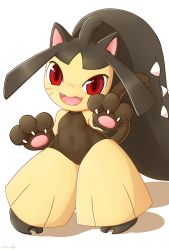 Rule 34 | :d, animal hands, collarbone, commentary, creatures (company), english commentary, fangs, game freak, gen 3 pokemon, gloves, hands up, highres, looking at viewer, mawaifu, mawile, navel, nintendo, open mouth, paw gloves, pigeon-toed, pokemon, pokemon (creature), red eyes, smile, standing, tongue, white background