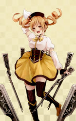 Rule 34 | 10s, 1girl, bad id, bad pixiv id, beret, blonde hair, blush, boots, breasts, brown thighhighs, checkered background, corset, detached sleeves, drill hair, fingerless gloves, foreshortening, furikake (appuntament), gloves, gun, hair ornament, hairpin, hat, highres, kiyui, long hair, magical girl, magical musket, mahou shoujo madoka magica, mahou shoujo madoka magica (anime), nail polish, perspective, pleated skirt, puffy sleeves, ribbon, rifle, shirt, skindentation, skirt, solo, striped clothes, striped thighhighs, taut clothes, taut shirt, tears, thighhighs, tomoe mami, twin drills, twintails, vertical-striped clothes, vertical-striped thighhighs, weapon, yellow eyes, zettai ryouiki