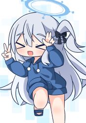 Rule 34 | &gt; &lt;, 1girl, :d, blue archive, blue footwear, blue hoodie, blush, braid, chibi, chibi only, closed eyes, double v, facing viewer, feet out of frame, grey background, grey hair, hair between eyes, halo, hana kazari, hands up, highres, hood, hood down, hoodie, long hair, long sleeves, miyako (blue archive), miyako (young) (blue archive), one side up, open mouth, puffy long sleeves, puffy sleeves, sandals, smile, solo, thick eyebrows, v, very long hair, xd