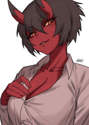 Rule 34 | 1girl, black hair, breasts, cleavage, collared shirt, colored skin, hand up, horns, kidouko (zakusi), large breasts, looking at viewer, oni, oni horns, orange eyes, original, parted lips, red oni, red skin, seductive smile, shirt, short hair, signature, simple background, smile, solo, white background, white shirt, wing collar, zakusi