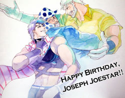 Rule 34 | 3boys, aged down, aged up, beard, facial hair, gloves, hat, highres, jojo no kimyou na bouken, joseph joestar, joseph joestar (old), joseph joestar (young), male focus, midriff, multiple boys, multiple persona, painting (medium), purple hair, raya, scarf, striped clothes, striped scarf, traditional media, watercolor (medium), white hair