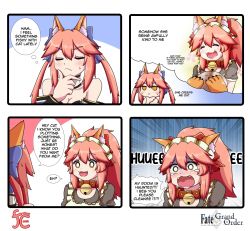 Rule 34 | 2girls, 4koma, alternate costume, animal ear fluff, animal ears, animal hands, apron, bare shoulders, bell, blue ribbon, blush, breasts, cleavage, closed eyes, closed mouth, collar, collarbone, comic, dual persona, english text, engrish text, enmaided, fangs, fate/extra, fate/grand order, fate (series), fox ears, fox girl, fox tail, gloves, hair ribbon, highres, japanese clothes, jingle bell, keita naruzawa, large breasts, long hair, maid, maid apron, maid headdress, multiple girls, neck bell, open mouth, paw gloves, pink hair, ponytail, ranguage, red ribbon, ribbon, scared, shaded face, speech bubble, sweat, tail, tamamo (fate), tamamo cat (fate), tamamo cat (second ascension) (fate), tamamo no mae (fate/extra), tears, white apron, yellow eyes